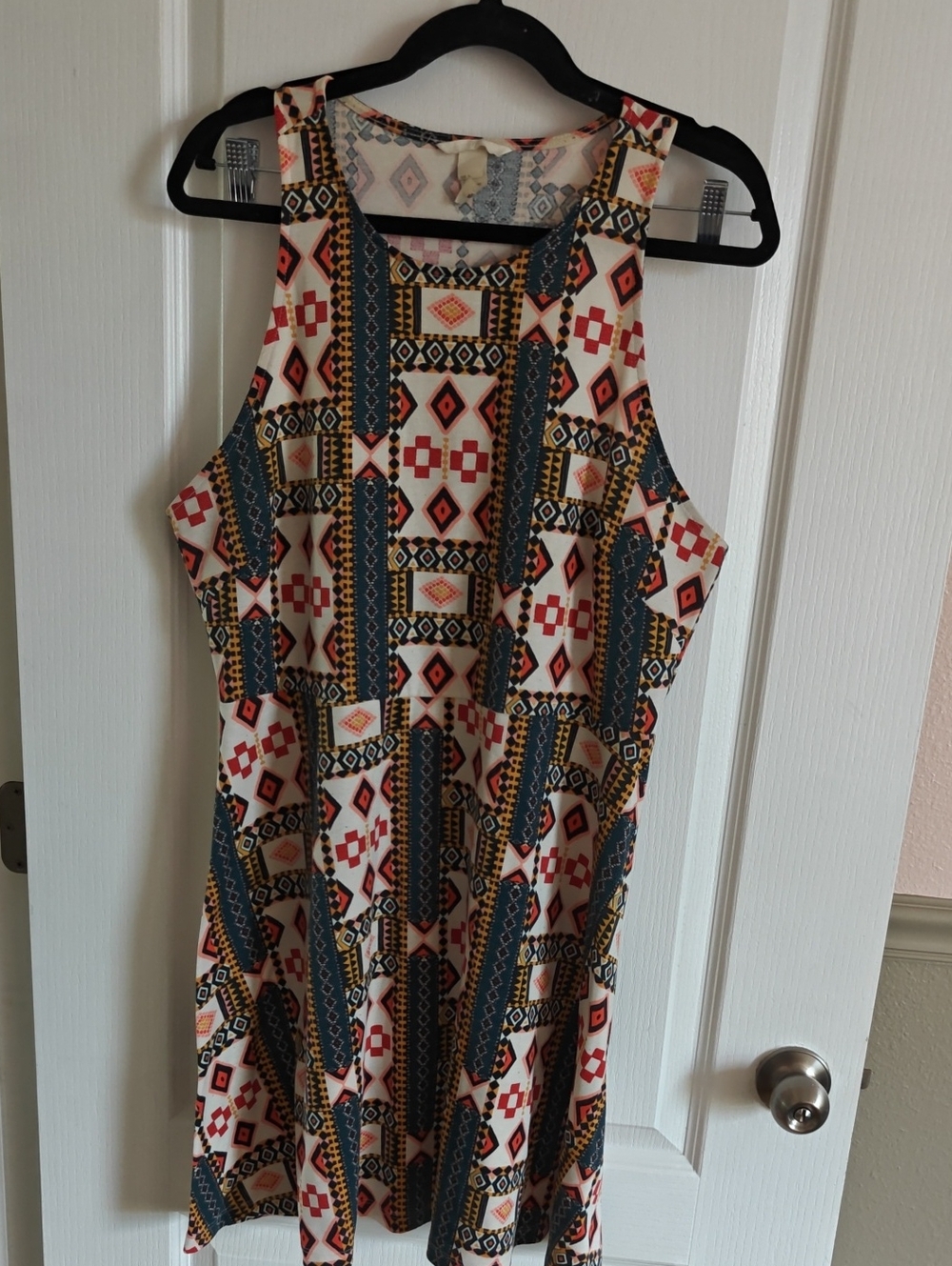H&M Cream Mini Dress with Teal, Red and Mustard Geometric Print
